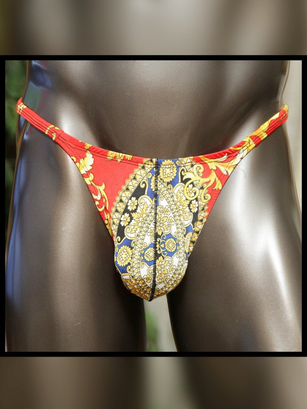 Mens Baroque Orange Ornate Design Print Thin Sides Thong Handmade